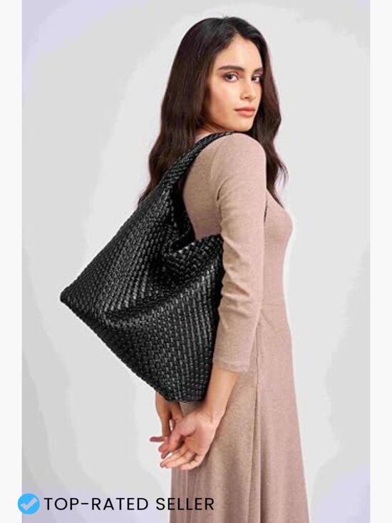 Vegan Woven Tote Bag for Women – Large Shoulder Handbag  Large Woven Tote Bag Shoulder Handbag Faux Leather Handmade Hollow Purse